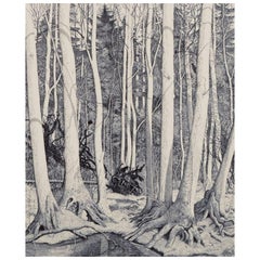 Vintage Eva Holmén-Edling, Swedish artist. Woodcut on Japan paper. Forest scene. 