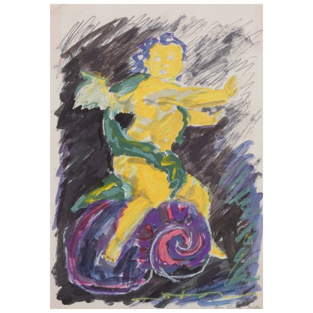 Nina Kleivan, artiste norvégienne-danoise Gouache sur papier. Composition avec putto