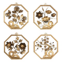 Asian Gold Painted Octagon Wood & Metal Four Seasons Wall Plaques Made Hong Kong