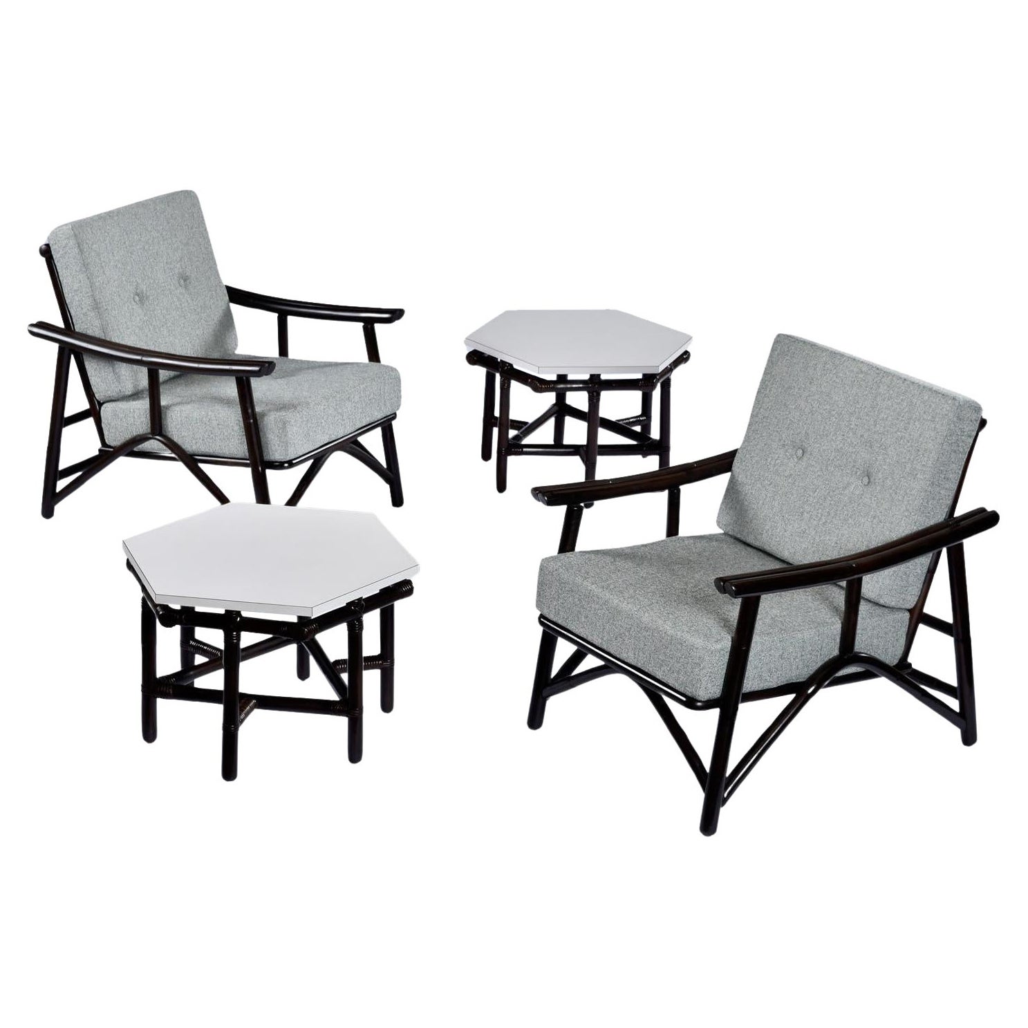 John Wisner for Ficks Reed Far Horizons Rattan Lounge Chairs With End Tables