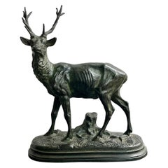 Antique Alfred Dubuccand: "stag", Bronze With Anthracite Green-brown Patina, Late 19th C