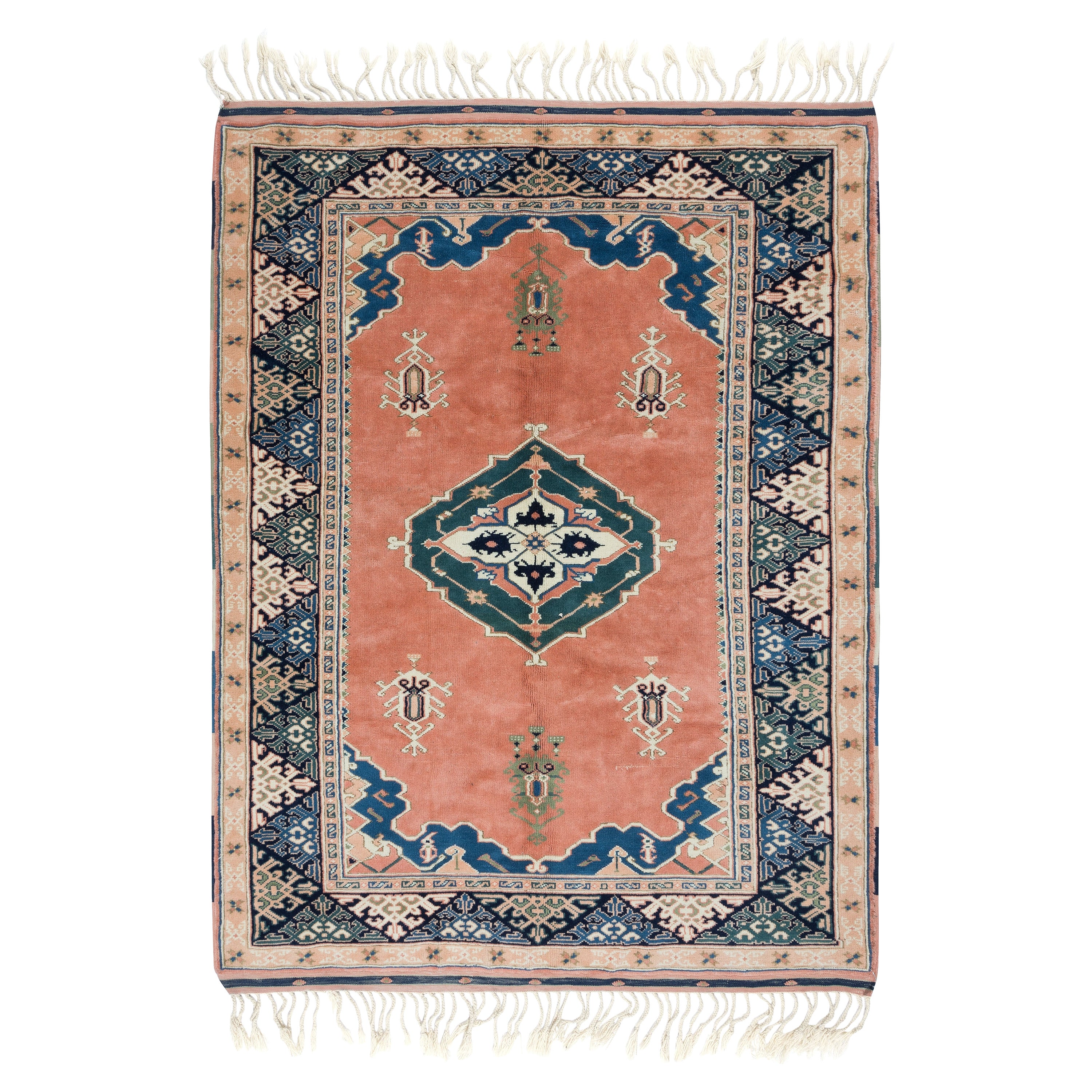 Tappeto moderno in lana fatto a mano con medaglione, tappeto turco con frangia, 5.2x6.7 Ft