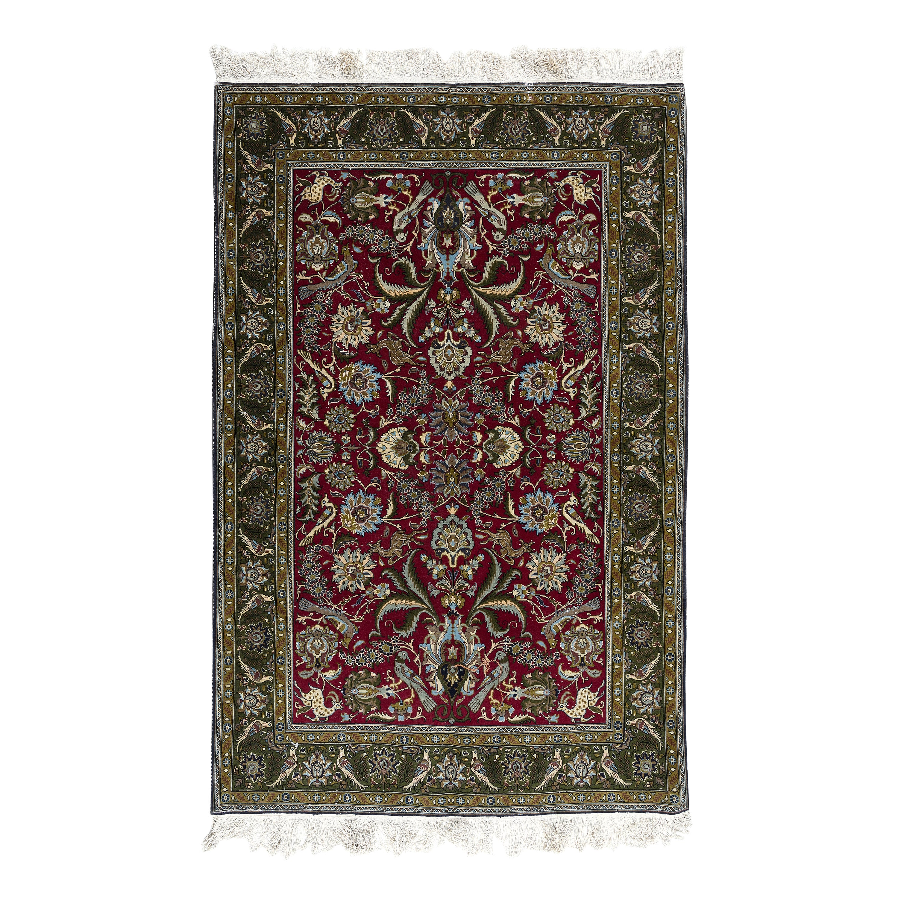4,6x7 Ft Handgeknüpfter türkischer Teppich in Rot & Grün mit floralem botanischem Design