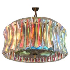 Venini attr Iridescent Glass Murano Chandelier with brass, Italy 1950