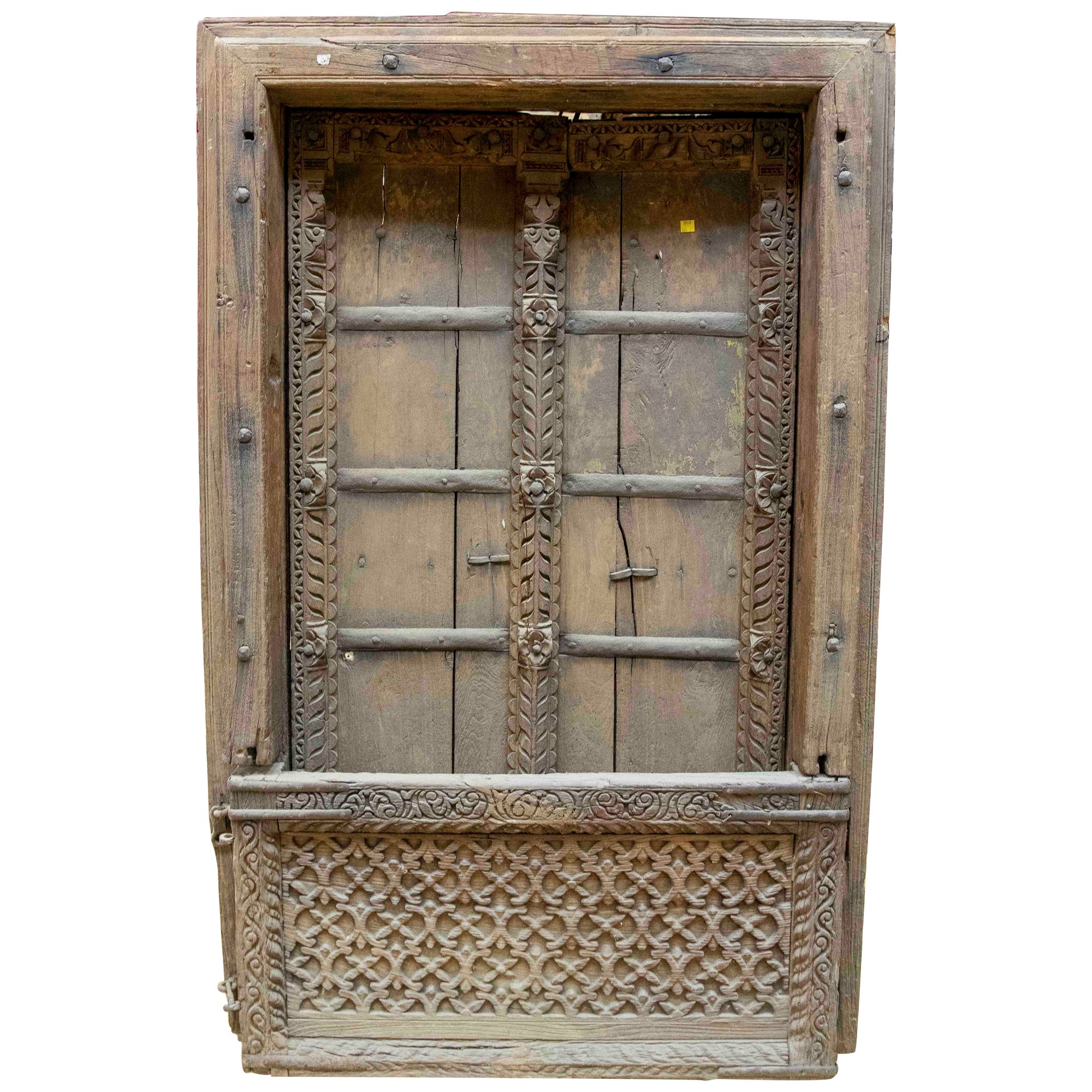 Indian Rustic Wooden Window with Iron Decorations
