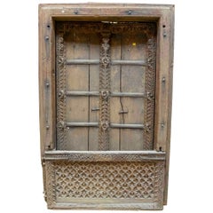 Vintage Indian Rustic Wooden Window with Iron Decorations