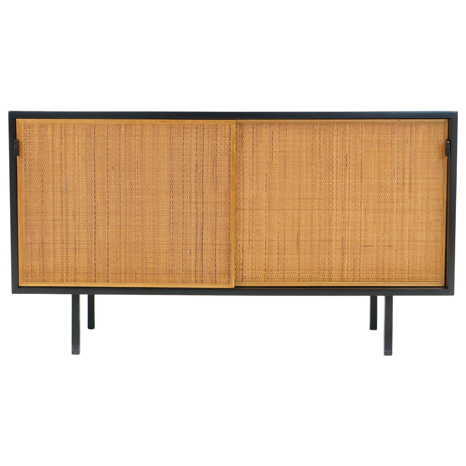Early Florence Knoll Credenza, Black Lacquered Case with Cane Front Doors