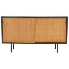 Early Florence Knoll Credenza, Black Lacquered Case with Cane Front Doors