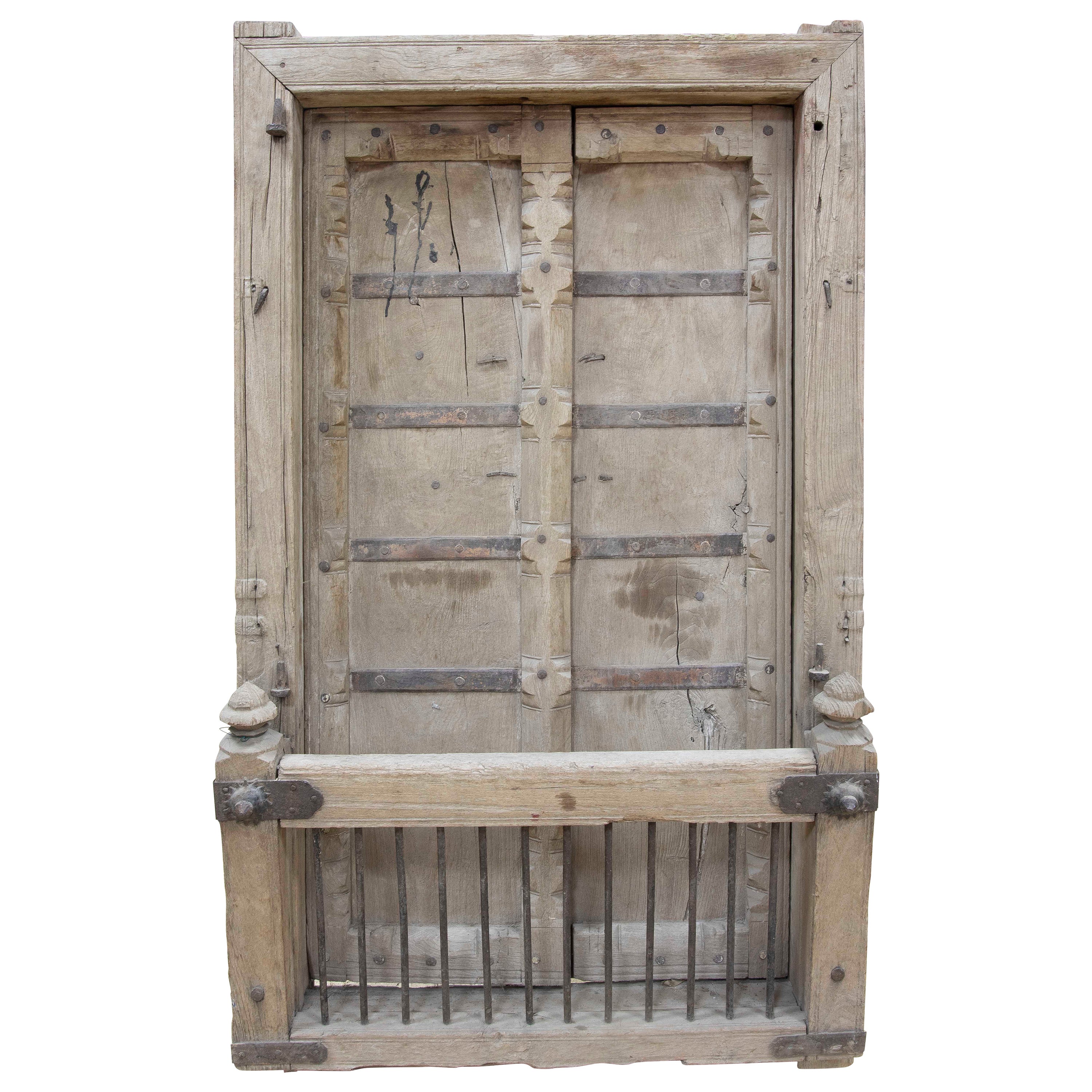 Indian Rustic Wooden Window with Iron Decorations 