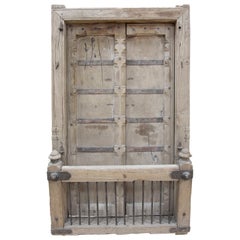 Indian Rustic Wooden Window with Iron Decorations 