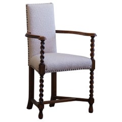 Antique English Armchair, Barley Twisted, Reupholstered in Bouclé, 19th Century