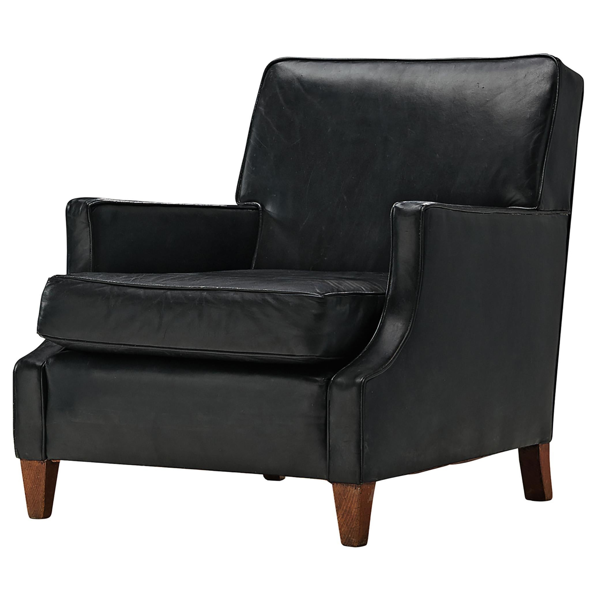 Danish Lounge Chair in Black Leather 