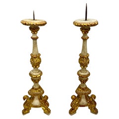 Vintage Pair of Tall Gilded Italian Pricket Alter Candlesticks With Original Paint