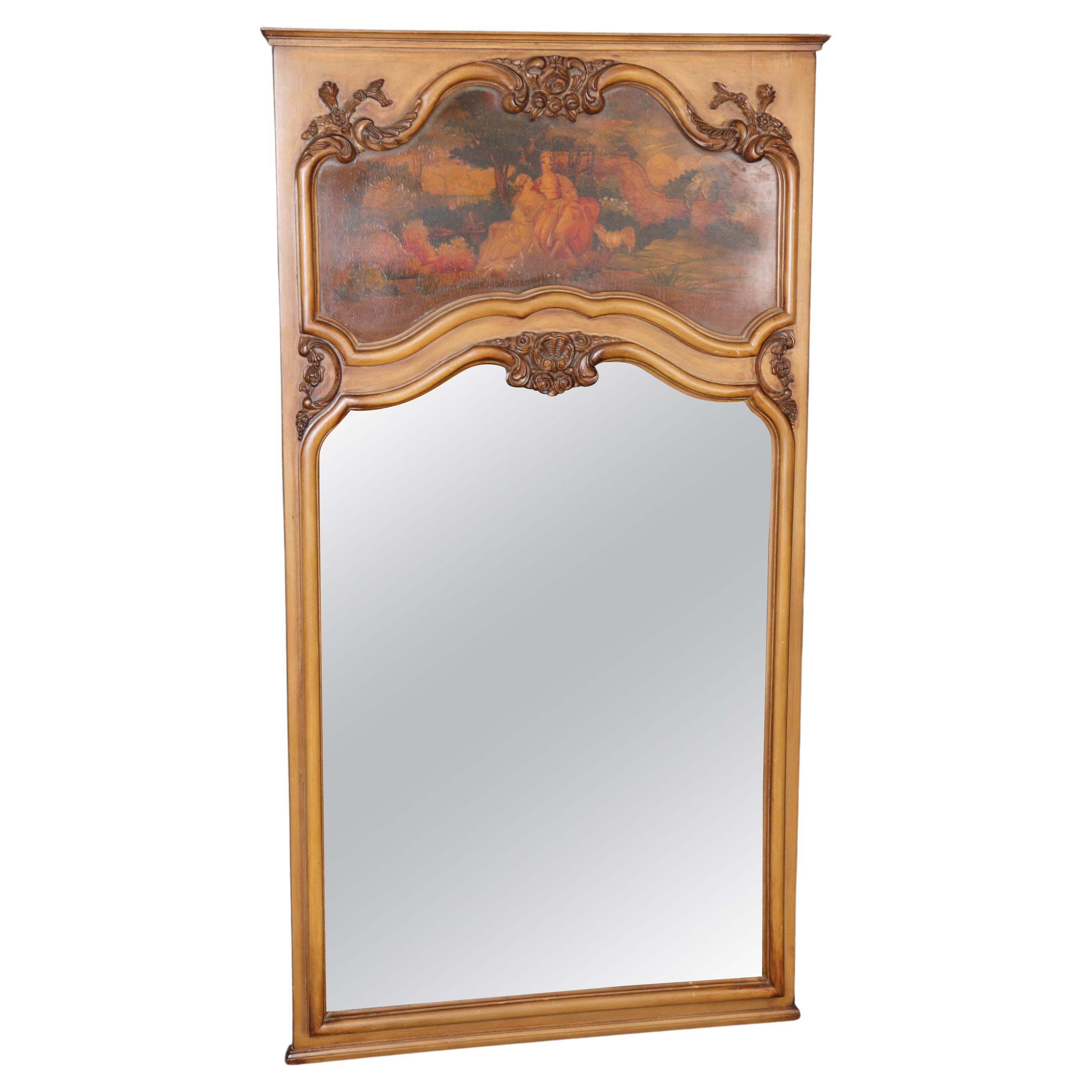 Beautiful Paint Decorated French Louis XV Style Trumeau Mirror 