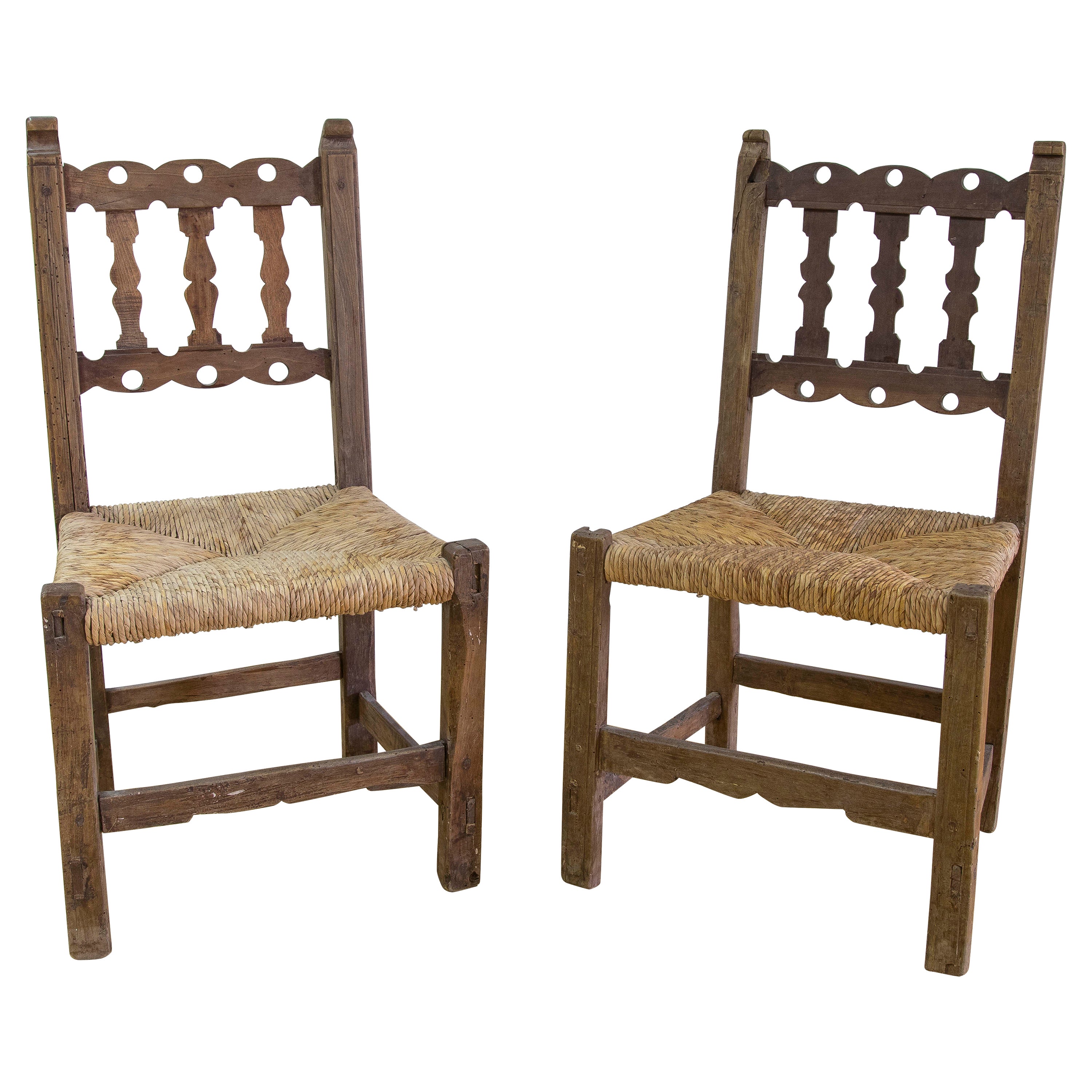 19th Century Spanish Pair of Olive Tree Chairs with Bulrush Seats
