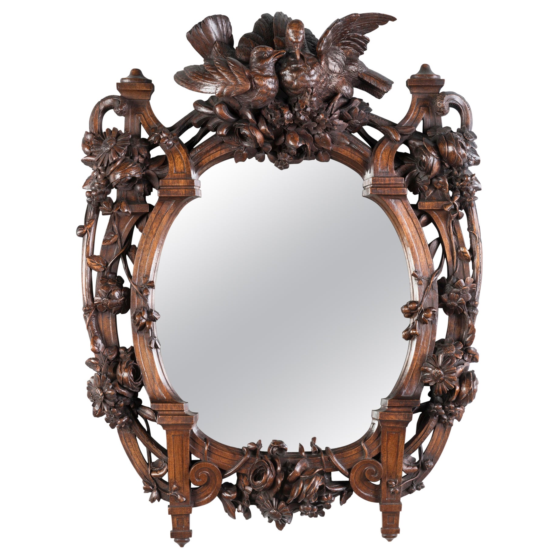 19th Century Swiss 'Black Forest' Hand-Carved Walnut Wall Mirror