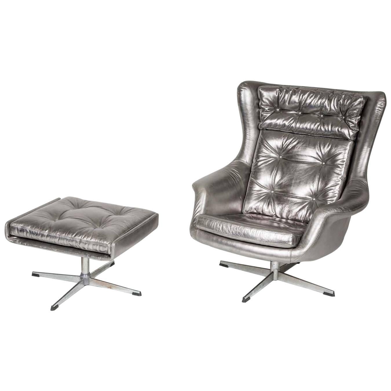 Unique Re-Invented Silver Leather Armchair with Stool by Pitfield London For Sale