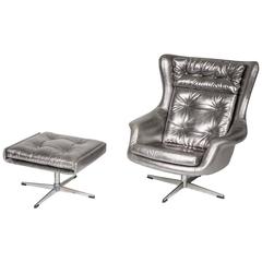 Unique Re-Invented Silver Leather Armchair with Stool by Pitfield London