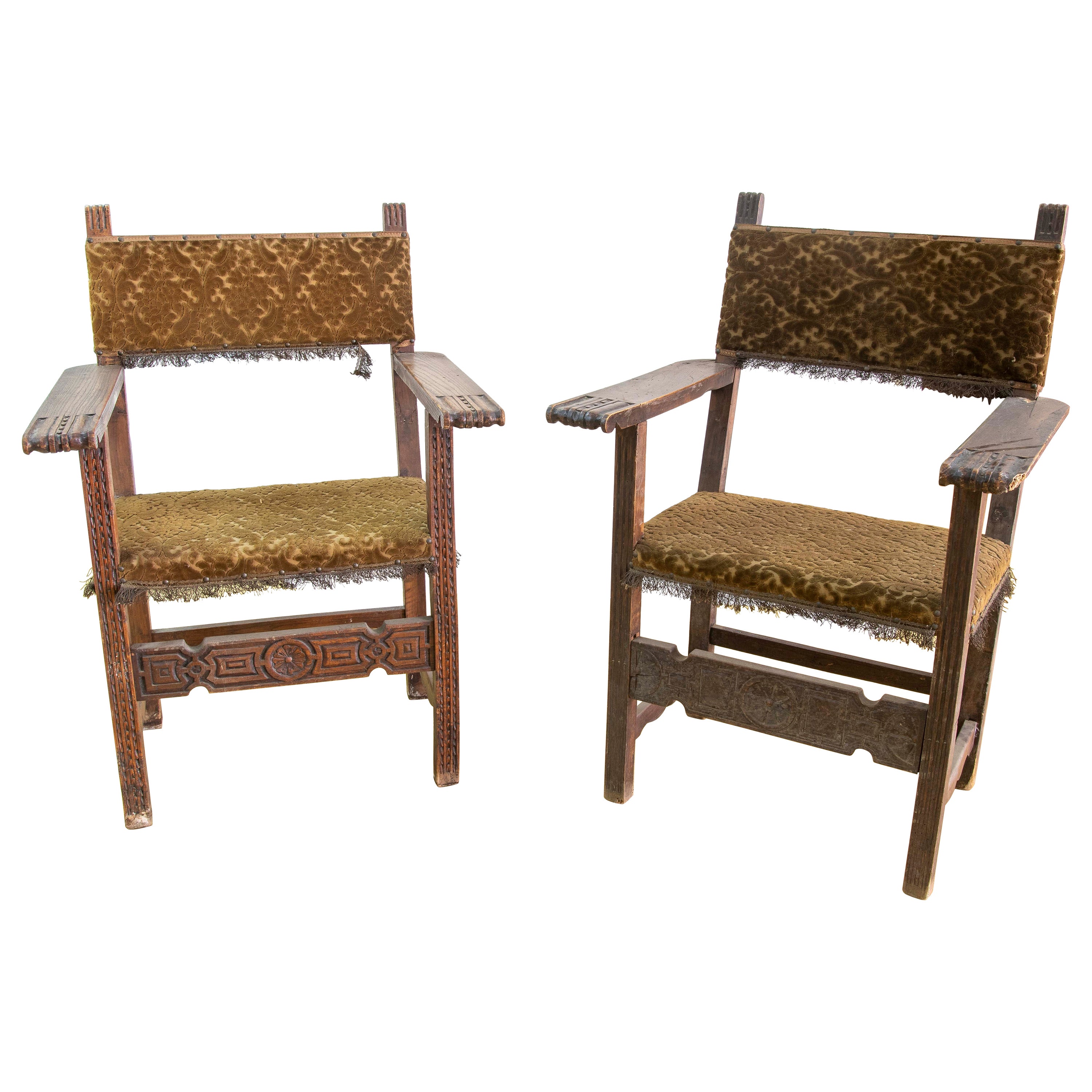 Spanish Pair of Wooden Friar Armchairs with Velvet Upholstery