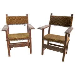Spanish Pair of Wooden Friar Armchairs with Velvet Upholstery