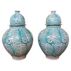 Pair of Glazed Ceramic Vases with White Lid and Green Decoration