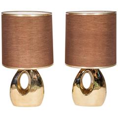 Pair of Gold Ceramic Lamps with Original Vintage Shades
