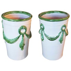 Spanish Pair of Glazed Ceramic Flower Pots with Decorative Green Border