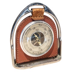 English Silver Plated Bronze Barometer Covered  with Hand-Sewn Leather 