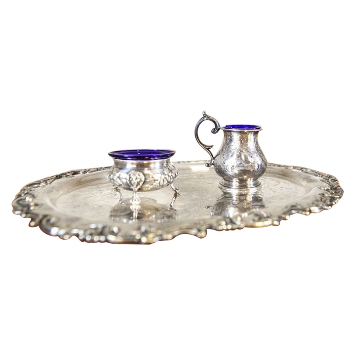 Mid-20th Century Decorative Dish Set Silver plated With Blue Accents