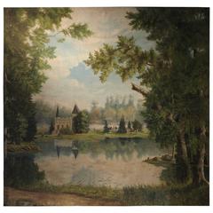 Large Antique French Chateau Painting on Canvas from Valence, France