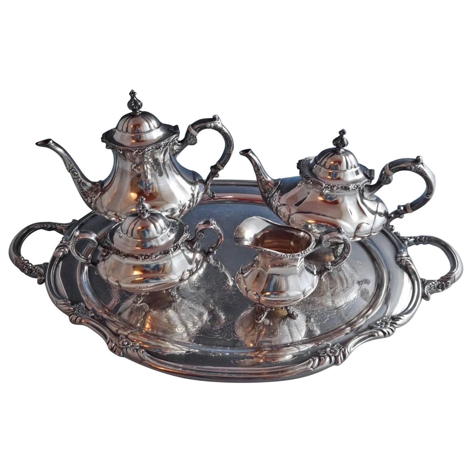 Rose by Reed and Barton Sterling Silver Tea Set FourPiece with Sp Tray For Sale at 1stdibs