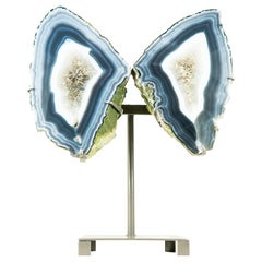 Collector-Grade Agate Geode Butterfly Wings, Large Natural Sculptural Blue Agate