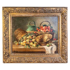 Óleo sobre lienzo francés enmarcado Pintura de bodegón firmada Morin, que representa frutas