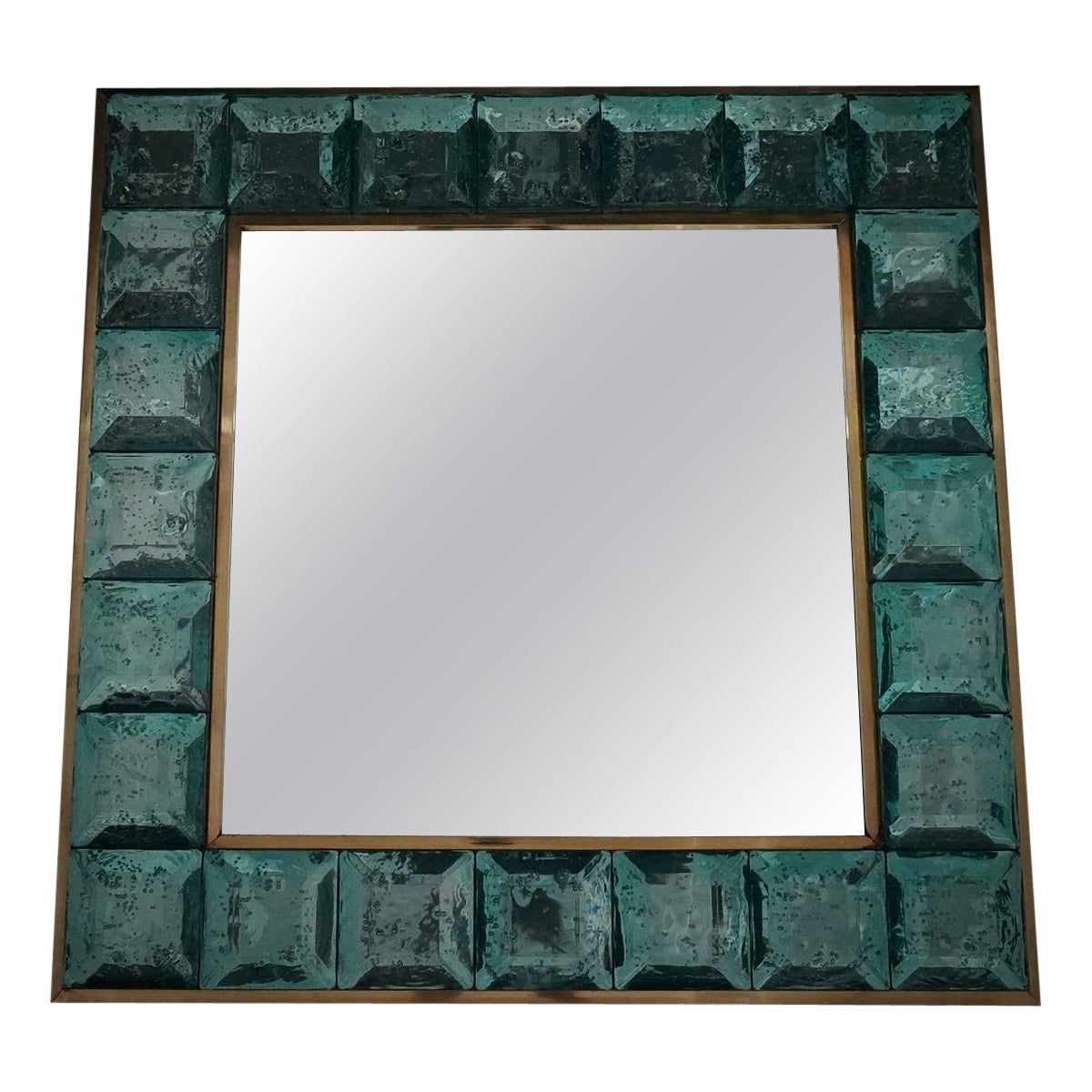 Murano Aqua Green Art Glass and Brass Italian Console Wall Mirror, 2000