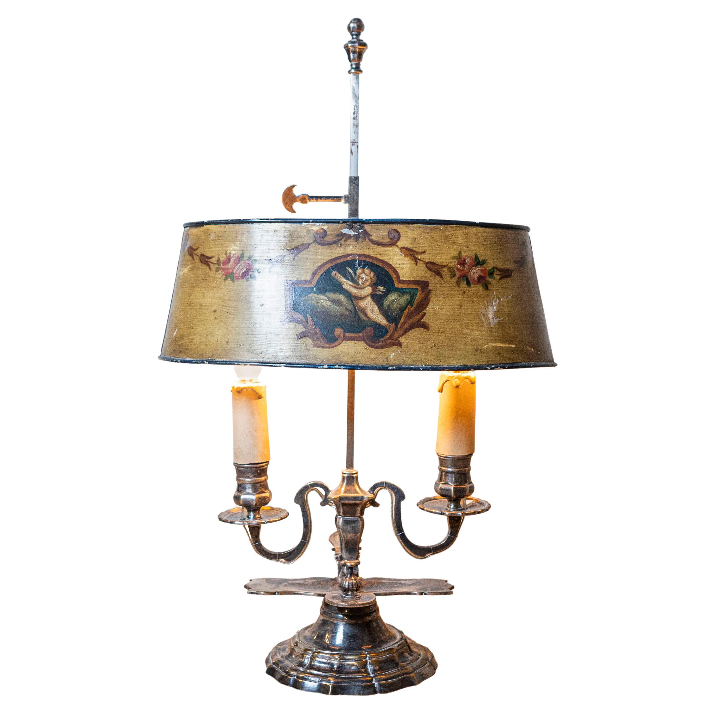 French 1850s Napoléon III Painted Tôle Two-Light Lamp with Cherub and Roses