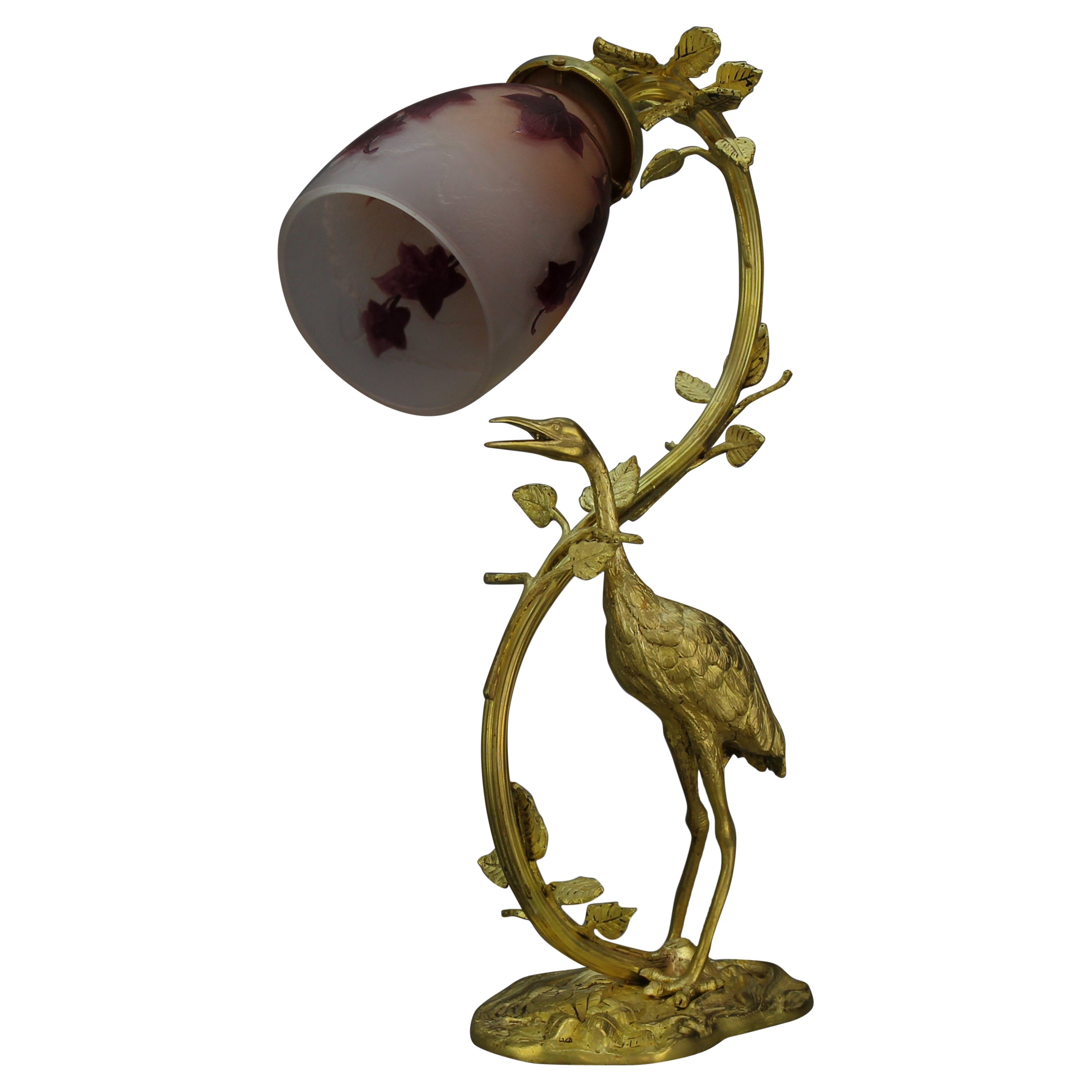 French Art Nouveau Gilt Bronze Table Lamp with Heron and Glass by Legras