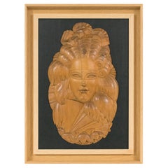 Vintage Art Deco Carved Wood Venetian Mask Portrait Wall Panel Sculpture, 1930s