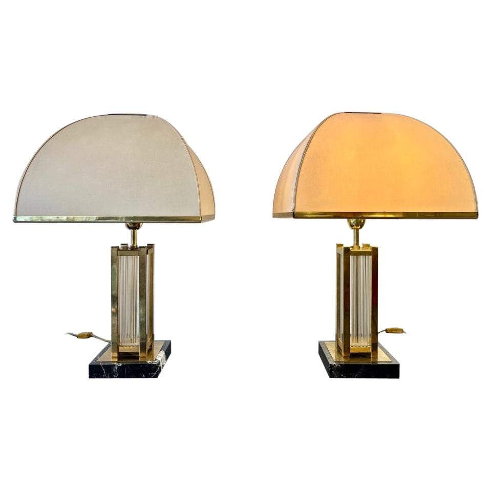 Pair of Marble, Glass & Brass Table Lamps by Romeo Rega, Italy ca. 1970s For Sale