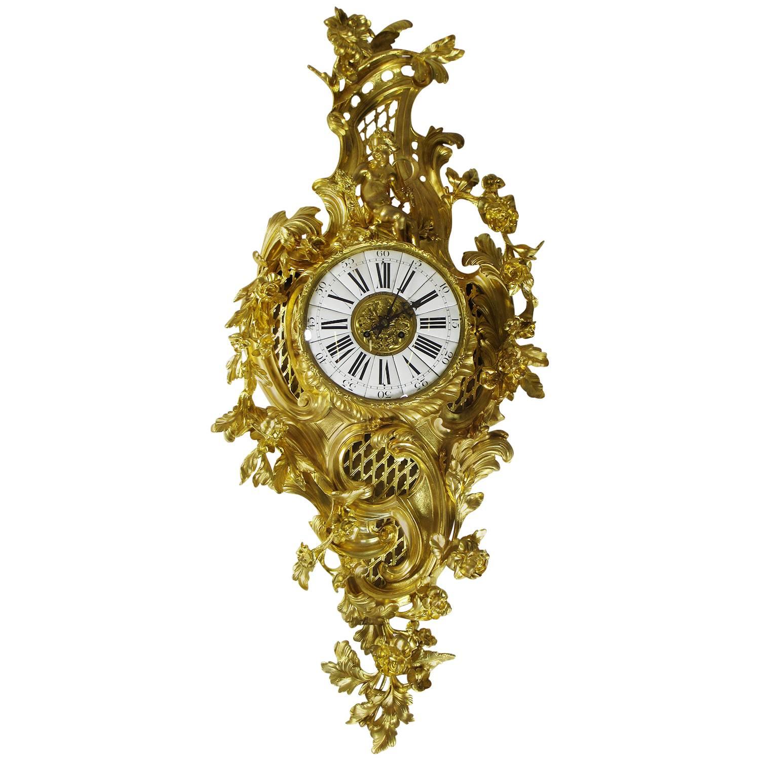 Feine französische Cartel-Uhr im Stil Louis XV des 19. Jahrhunderts aus vergoldeter Bronze Lerolle Freres