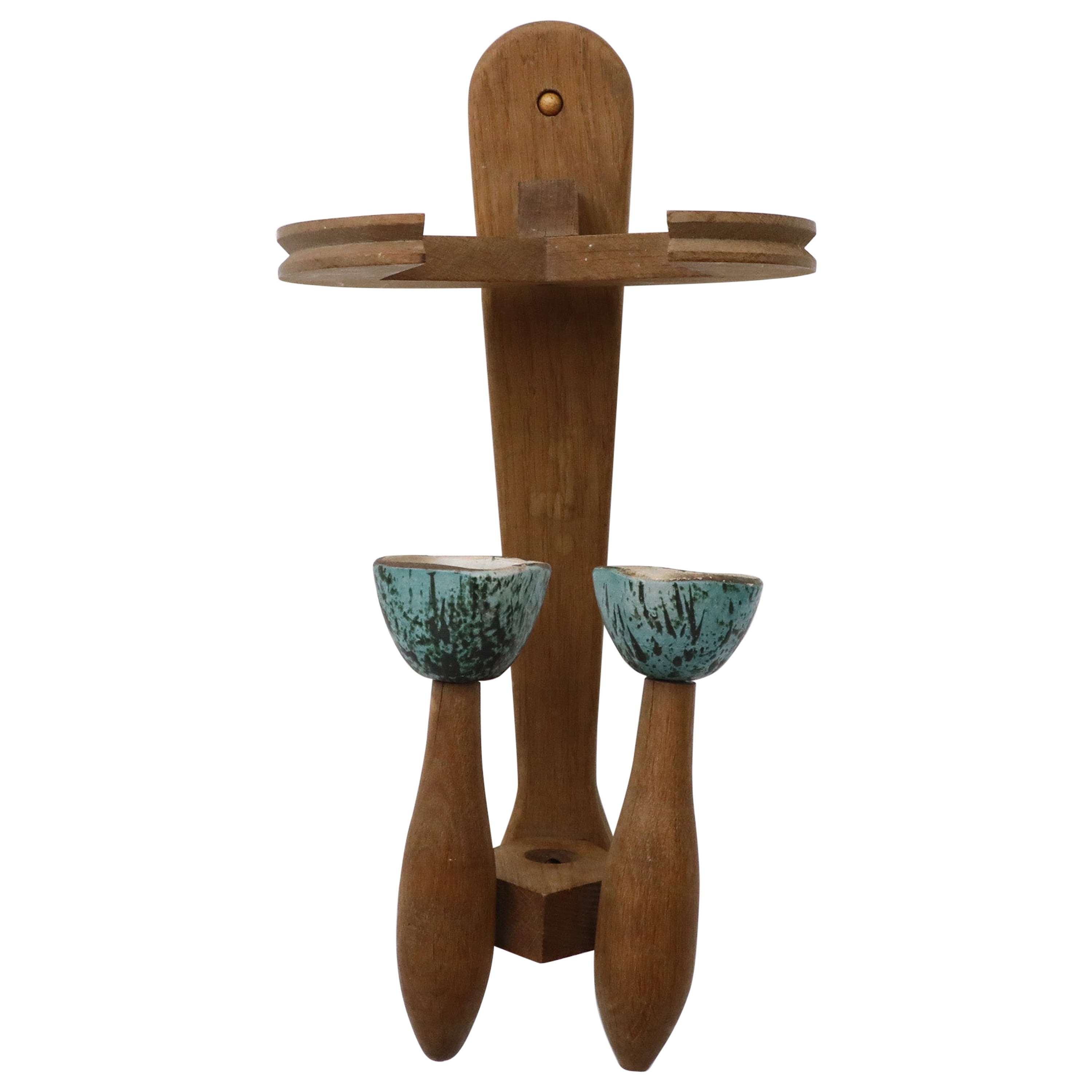 Mid-Century Guillerme et Chambron Oak and Ceramic Wall Sconce in Oak and Ceramic
