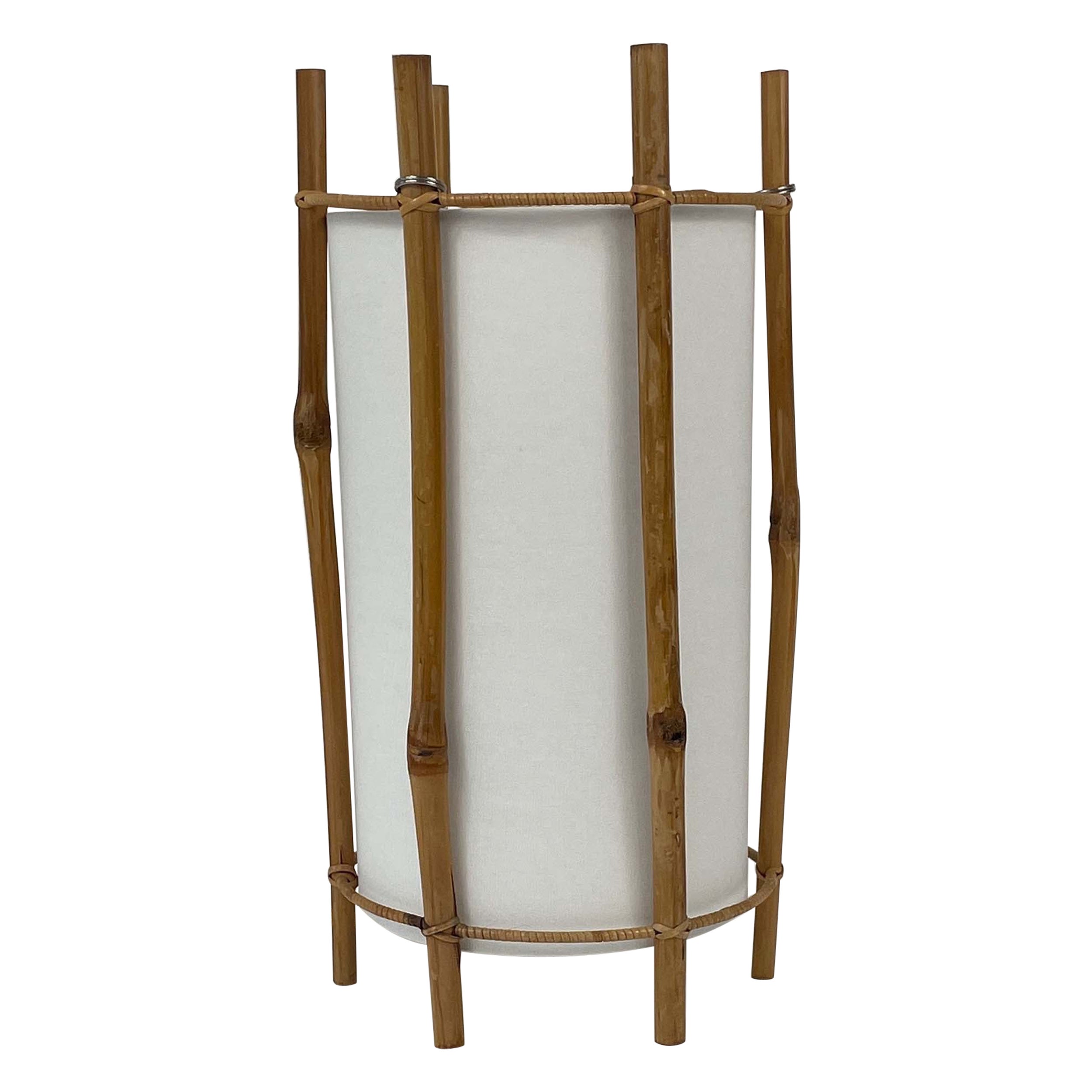 Lámpara de mesa de bambú y lino blanco de Louis Sognot, Francia Años 50