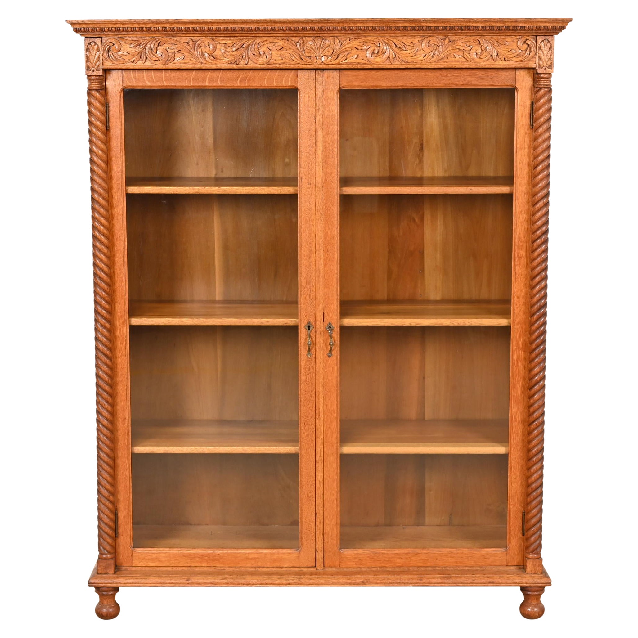 Antique Victorian Carved Oak Glass Front Double Bookcase, Circa 1900