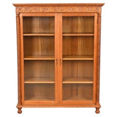 Used Victorian Carved Oak Glass Front Double Bookcase, Circa 1900