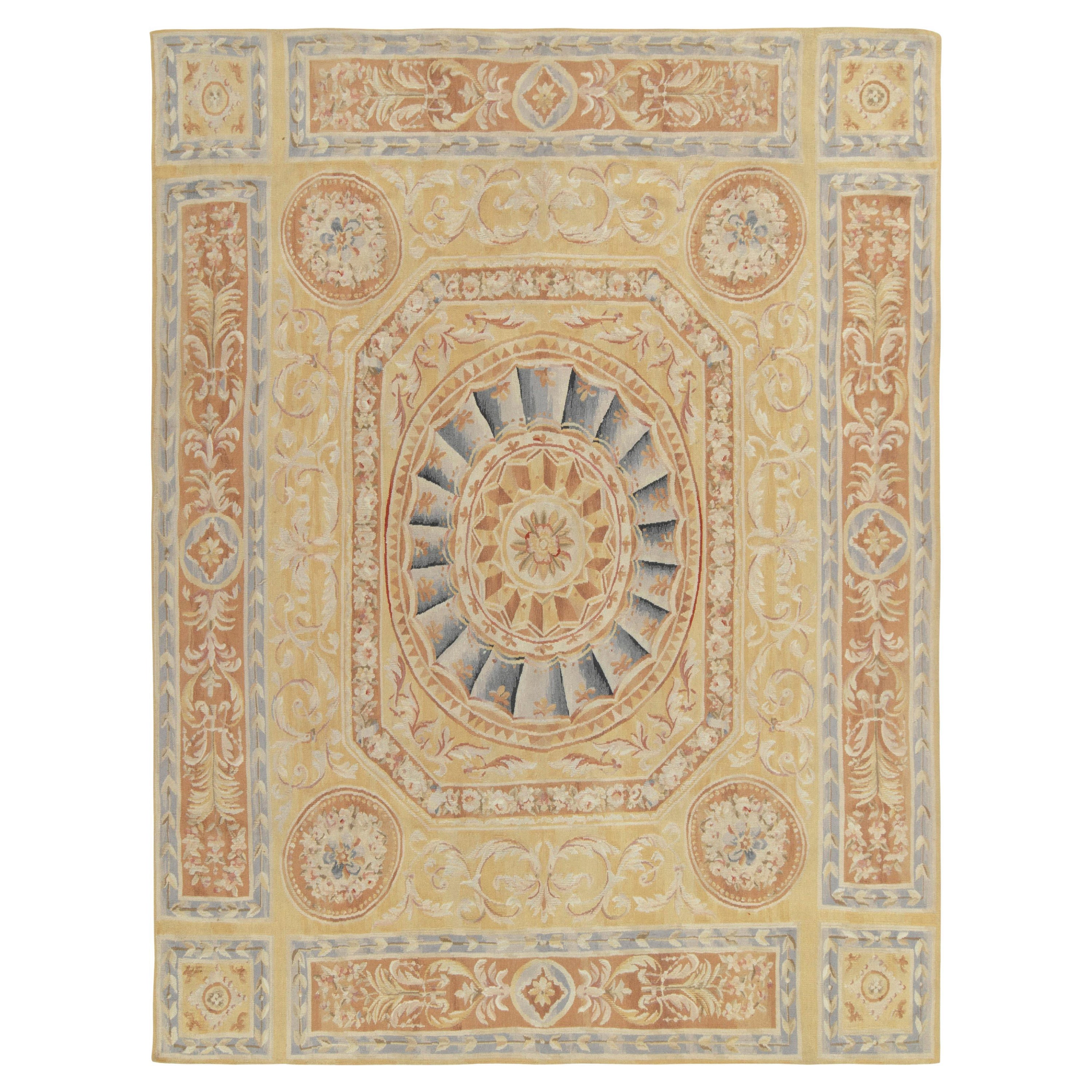 Rug & Kilim's Aubusson Style Flatweave Rug in Gold, Beige-Brown & Blue Florals