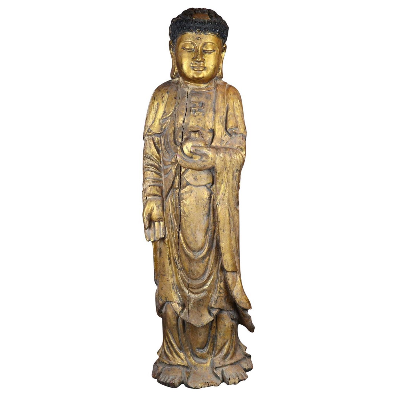 Chinesische antike Holzfigur des Medizin Buddha Bhaishajyaguru aus dem 19. Jahrhundert im Angebot