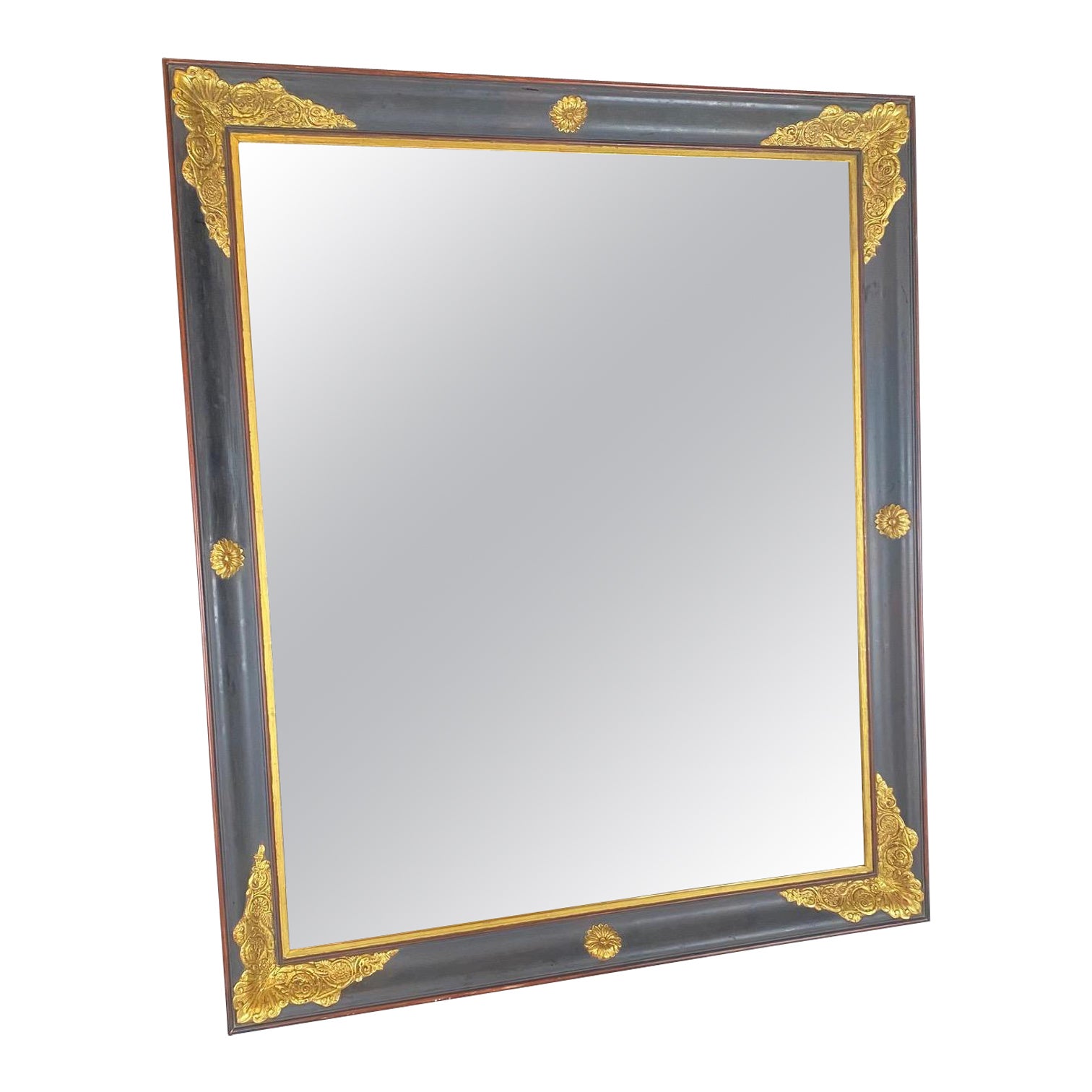 Large French Empire Ebony Black and Gold Carved Giltwood and Gesso Mirror For Sale