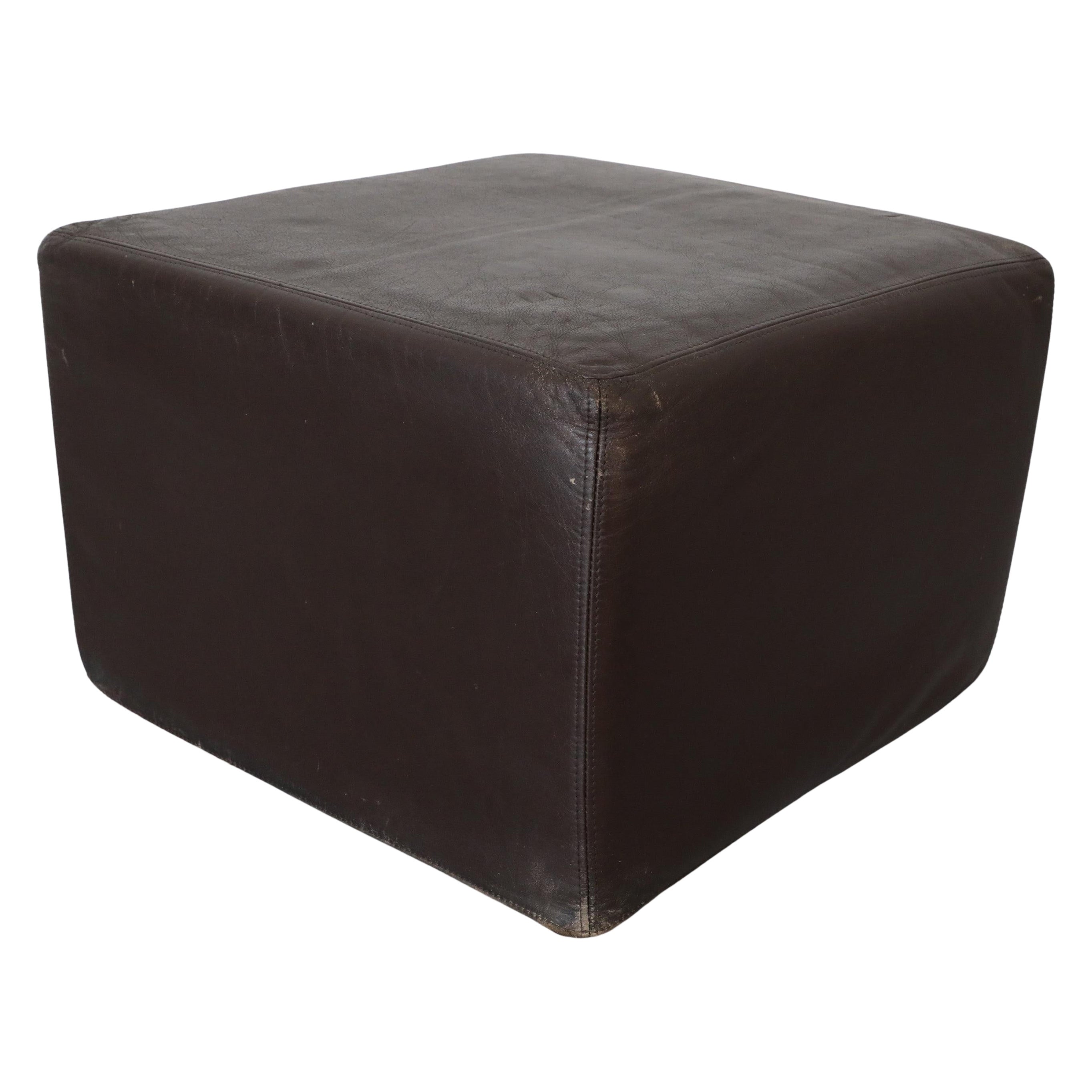 Mid-Century De Sede Style Square Chocolate Brown Leather Ottoman by Leolux