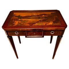 Used Belle Epoque 1 Drawer Salon Table With Scenic Inlay, France, Circa: 1880.