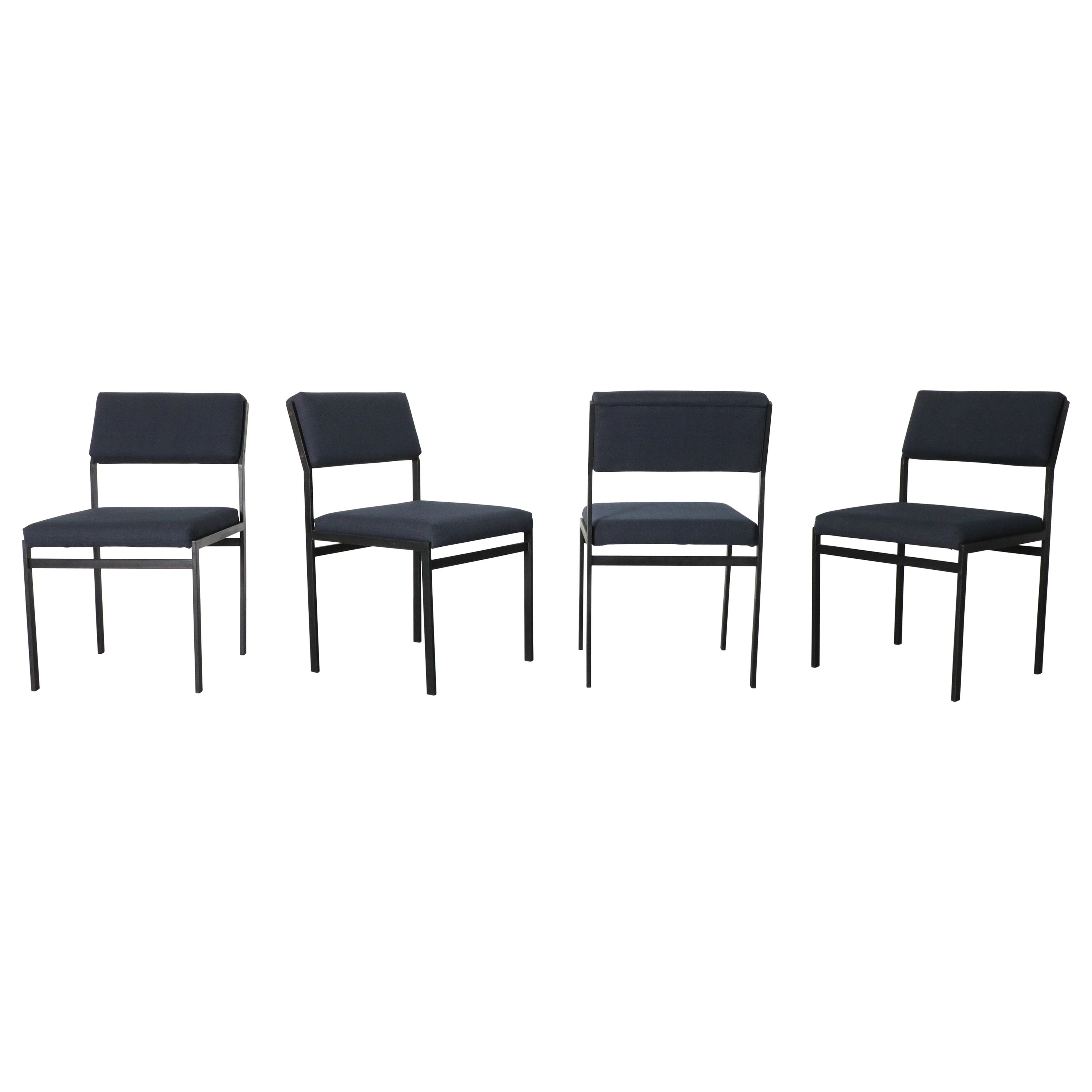 Set of 4 Japanese Series Dining Chairs by Cees Braakman w/ Dark Blue Upholstery For Sale