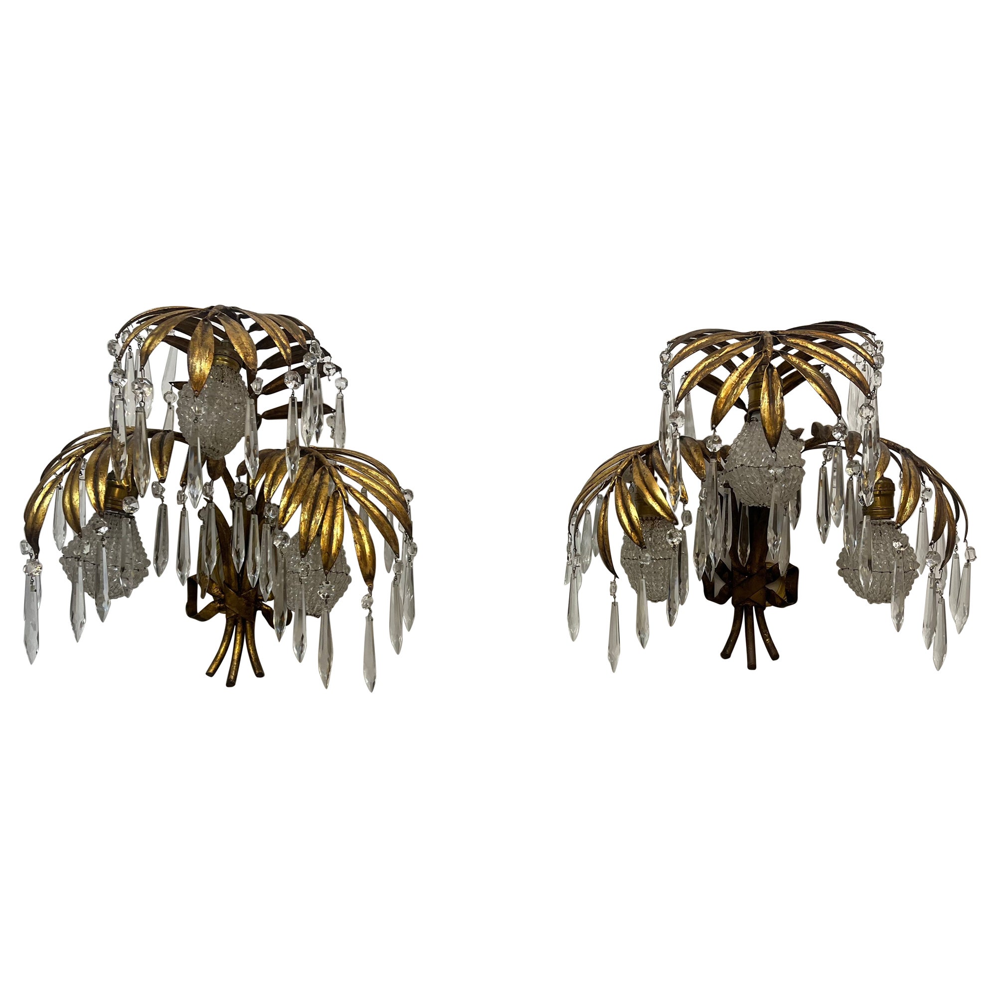 Pair of Italian Gilt Crystal Wall Sconces 